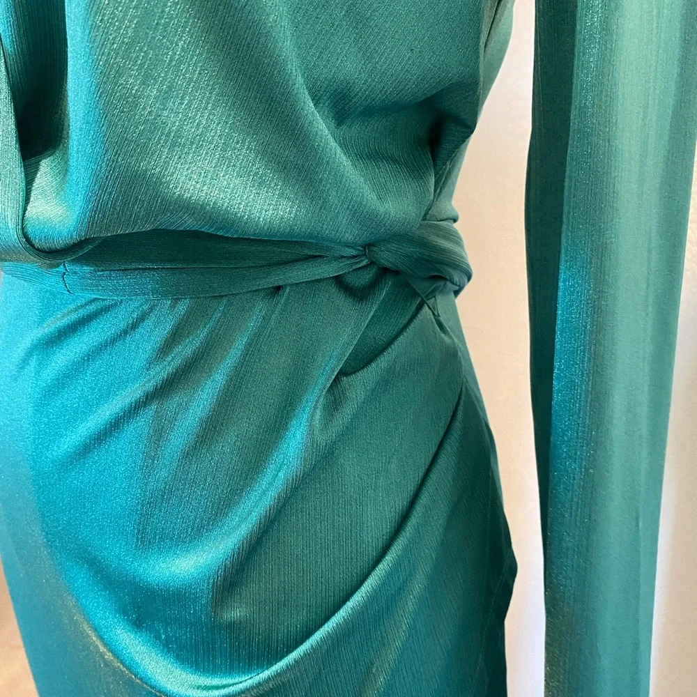 Bronx and Banco Teal Maxi Dress | Deep V Neck, Long Sleeve, High Slit - Picture 9 of 9